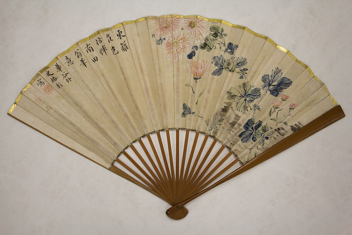 Chrysanthemums at the Eastern Fence, Tsubaki Kakoku (Japanese, 1825–1850), Folding fan; ink and color on paper, Japan 