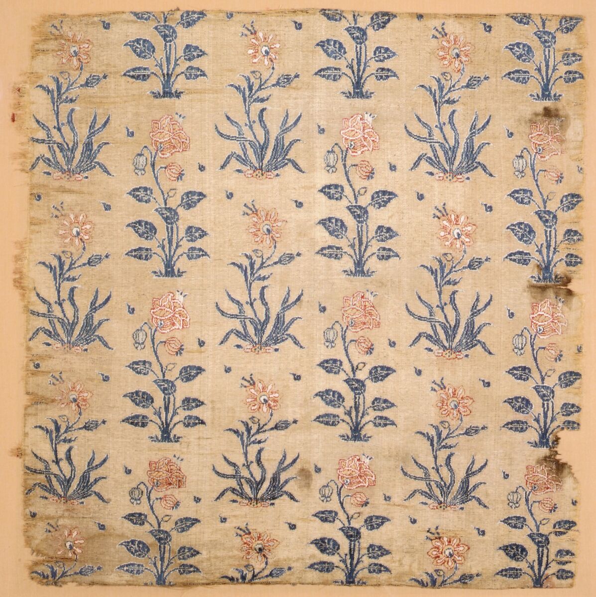 Velvet Panel with Rows of Flowers, Silk, cut and voided velvet, with continuous floats of flat metal wrapped thread