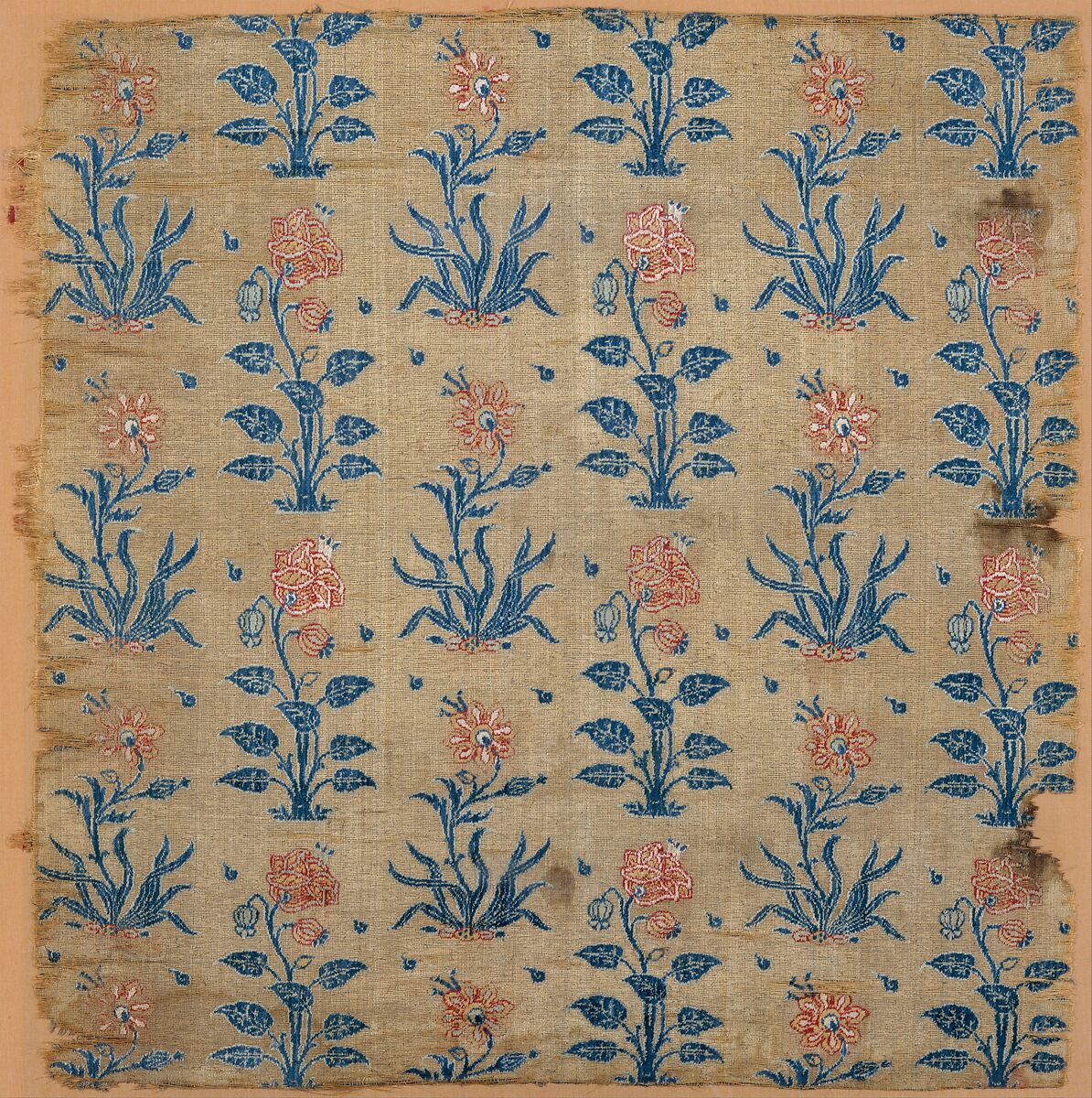 Velvet Panel with Rows of Flowers, Silk, cut and voided velvet, with continuous floats of flat metal wrapped thread