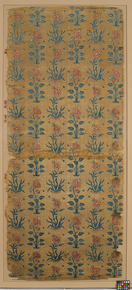 Velvet Panel with Rows of Flowers, Silk, cut and voided velvet, with continuous floats of flat metal wrapped thread 