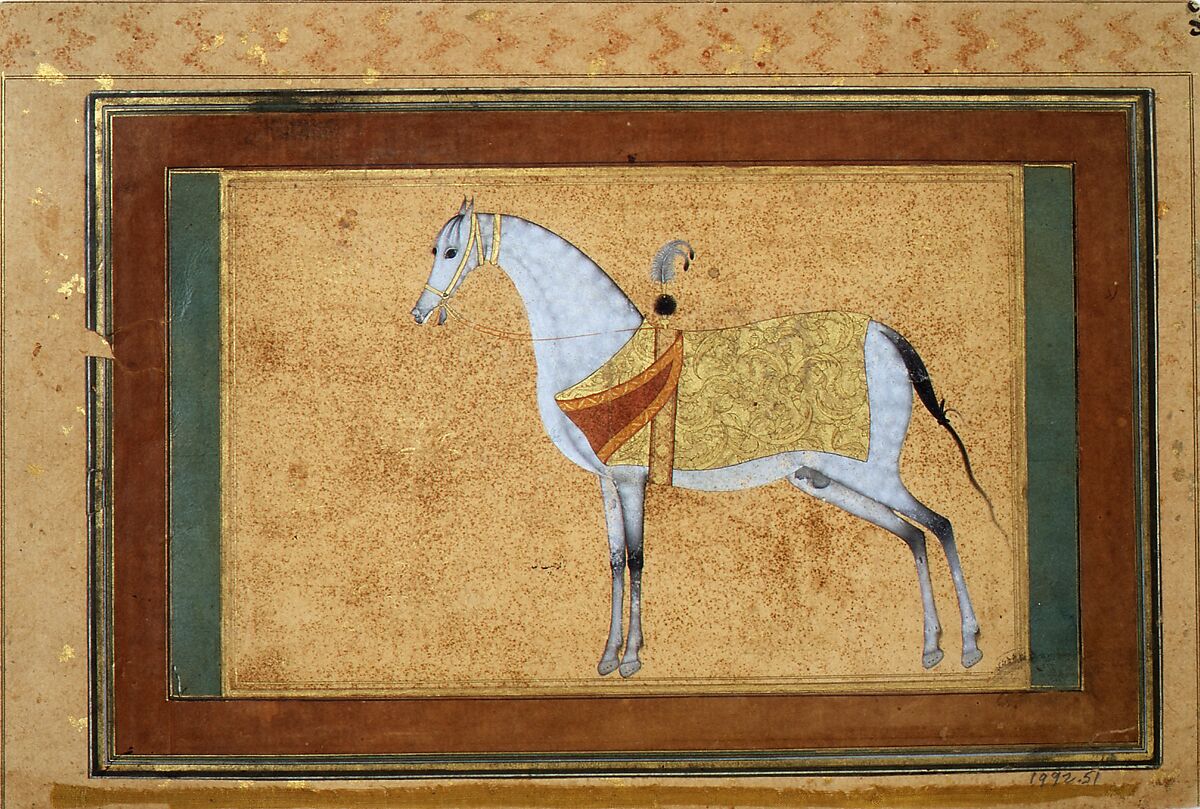 A Stallion, Painting by Habiballah of Sava (Iranian, active ca. 1590–1610), Ink, opaque watercolor, and gold on paper