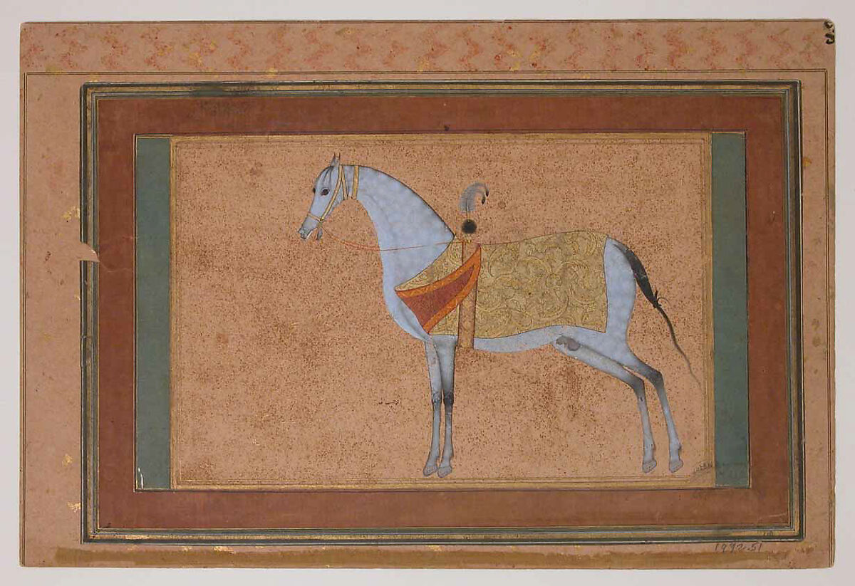 A Stallion, Painting by Habiballah of Sava (Iranian, active ca. 1590–1610), Ink, opaque watercolor, and gold on paper