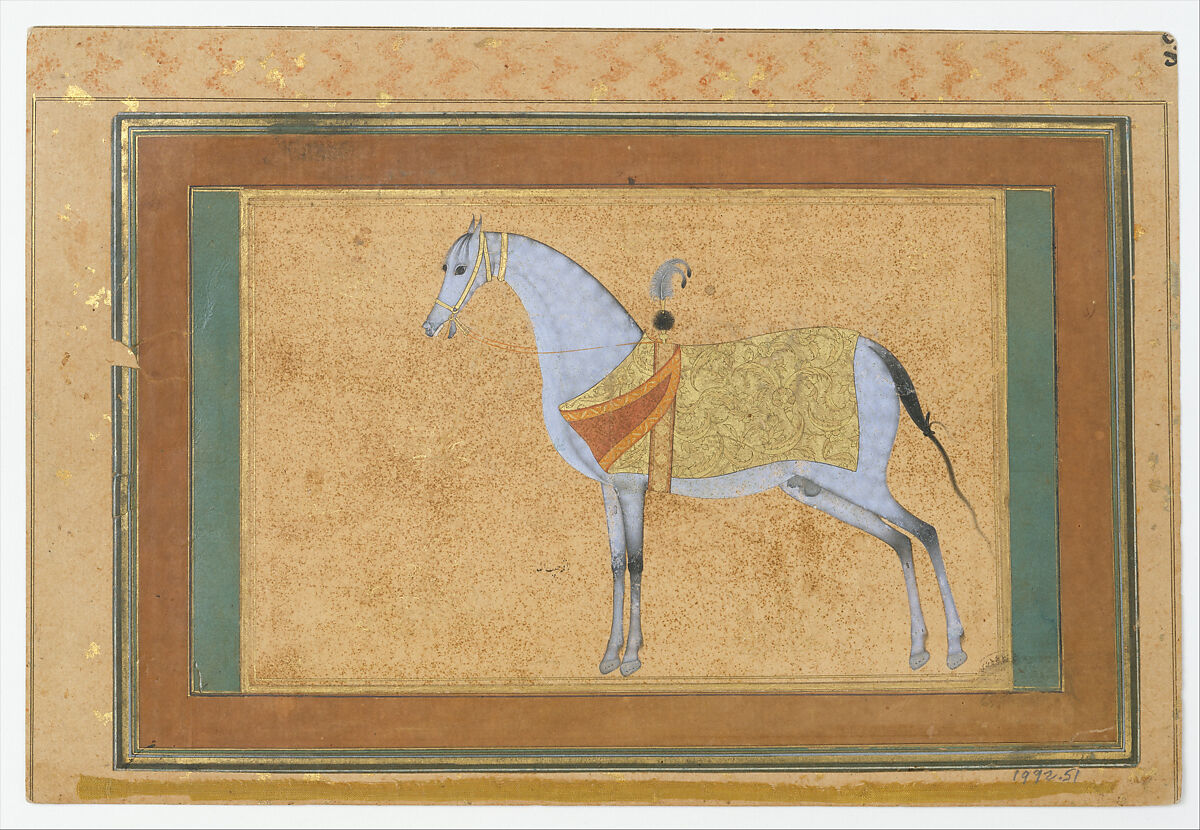A Stallion, Painting by Habiballah of Sava (Iranian, active ca. 1590–1610), Ink, opaque watercolor, and gold on paper