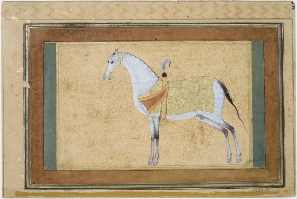 A Stallion, Painting by Habiballah of Sava (Iranian, active ca. 1590–1610), Ink, opaque watercolor, and gold on paper