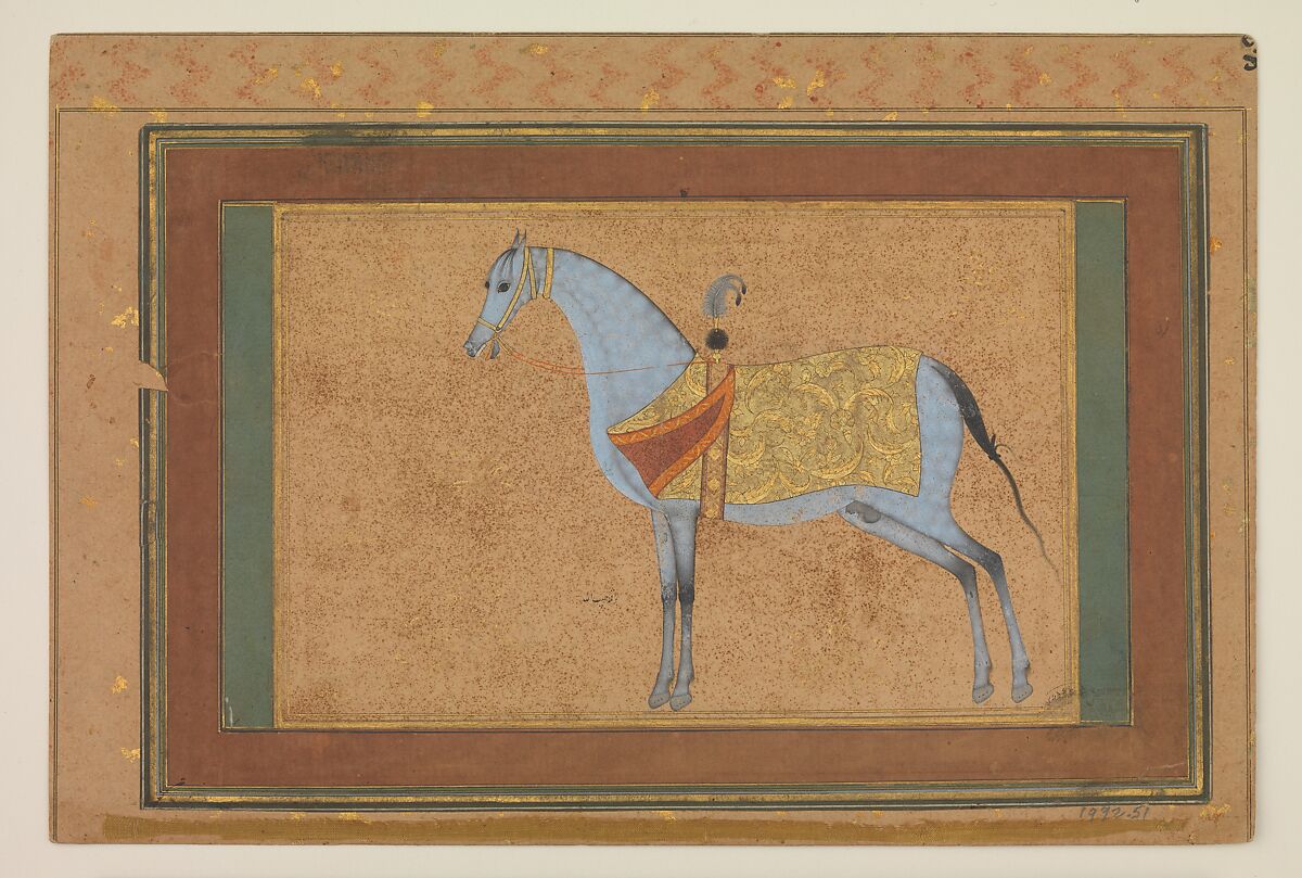 A Stallion, Painting by Habiballah of Sava (Iranian, active ca. 1590–1610), Ink, opaque watercolor, and gold on paper 