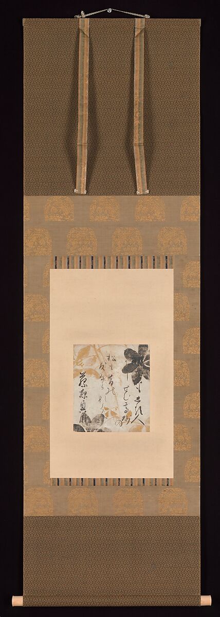 Poem by Fujiwara no Okikaze with Underpainting of Clematis, Calligraphy by Shōkadō Shōjō 松花堂昭乗 (Japanese, 1584?–1639), Hanging scroll; ink, gold, and silver on colored paper, Japan