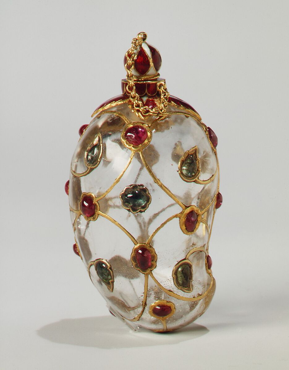 Mango-Shaped Flask, Rock crystal; set with gold, enamel, rubies, and emeralds