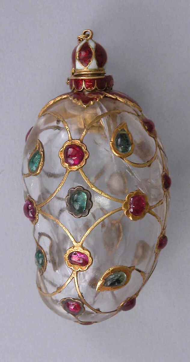 Mango-Shaped Flask, Rock crystal; set with gold, enamel, rubies, and emeralds