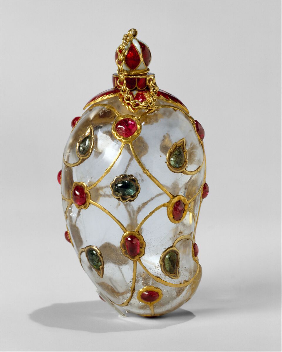 Mango-Shaped Flask, Rock crystal; set with gold, enamel, rubies, and emeralds