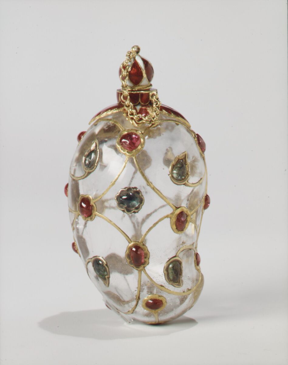 Mango-Shaped Flask, Rock crystal; set with gold, enamel, rubies, and emeralds