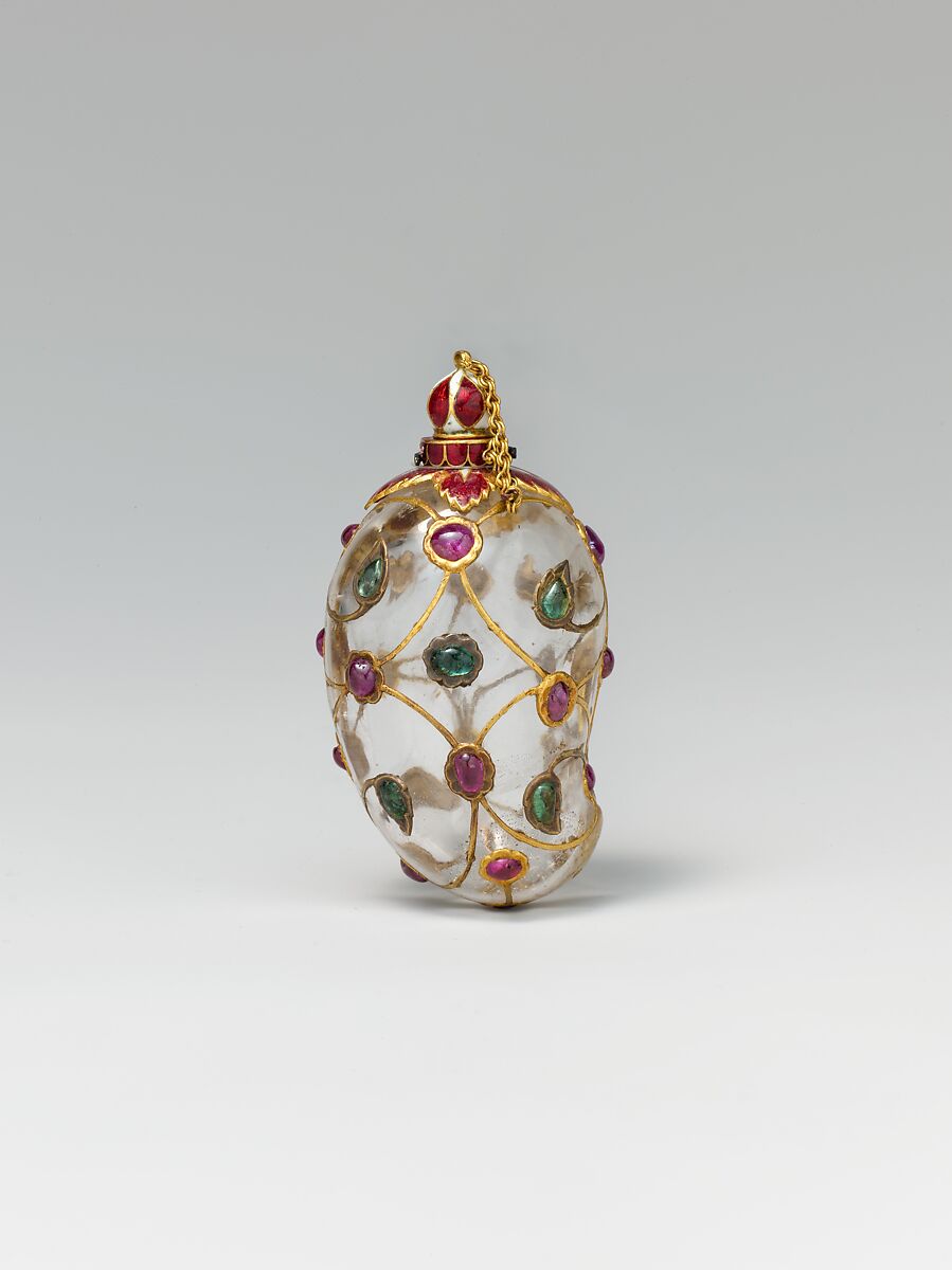 Mango-Shaped Flask, Rock crystal; set with gold, enamel, rubies, and emeralds 