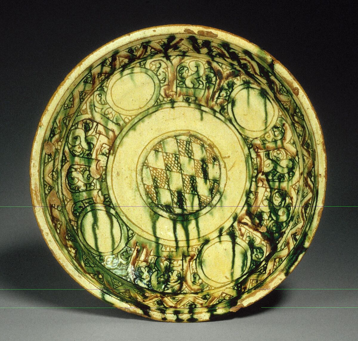 "Bamiyan Ware" bowl, Earthenware; slip-covered, incised and polychrome decorated under transparent glaze