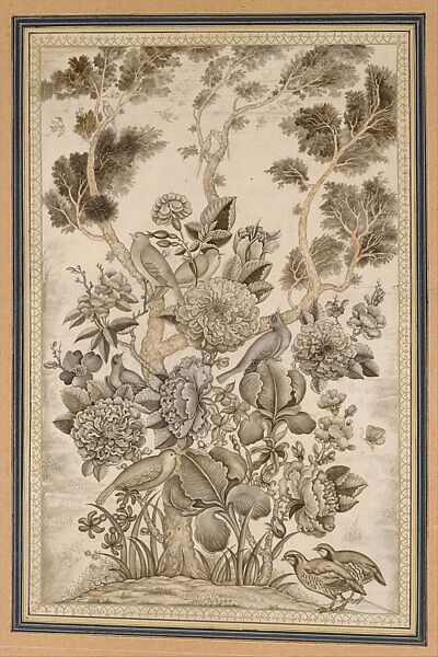 Rose and Nightingale (gul-u-bul-bul) Drawing, Ink and watercolor on paper