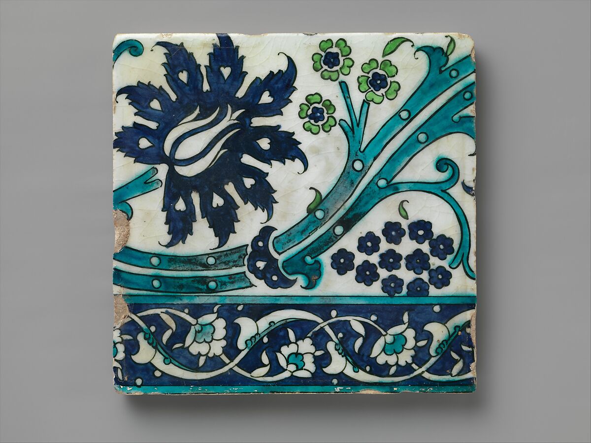 Tile, Stonepaste; painted under transparent glaze 