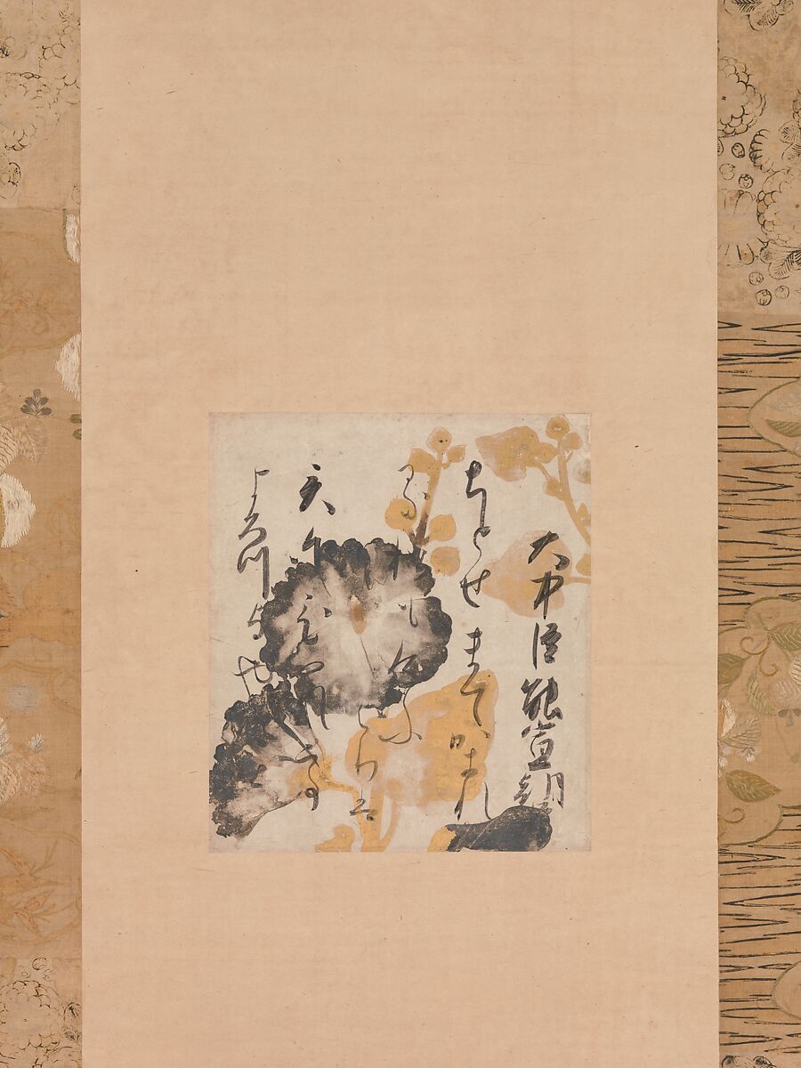 Poem by Onakatomi Yoshinobu with Underpainting of Hollyhocks

, Shōkadō Shōjō  Japanese, Poem card (shikishi) mounted as a hanging scroll; ink, gold, and silver on colored paper, Japan