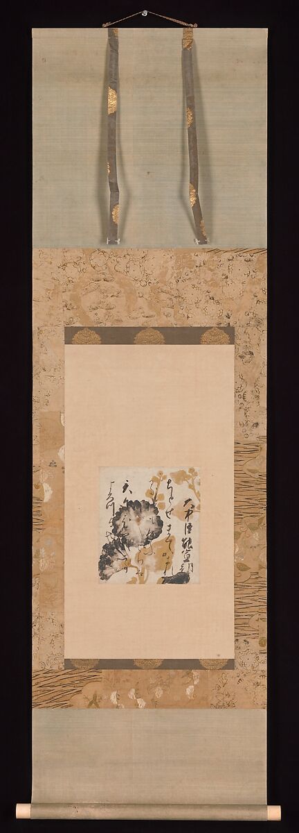 Poem by Onakatomi Yoshinobu with Underpainting of Hollyhocks, Calligraphy by Shōkadō Shōjō (Japanese, 1584?–1639), Poem card (shikishi) mounted as a hanging scroll; ink, gold, and silver on colored paper, Japan