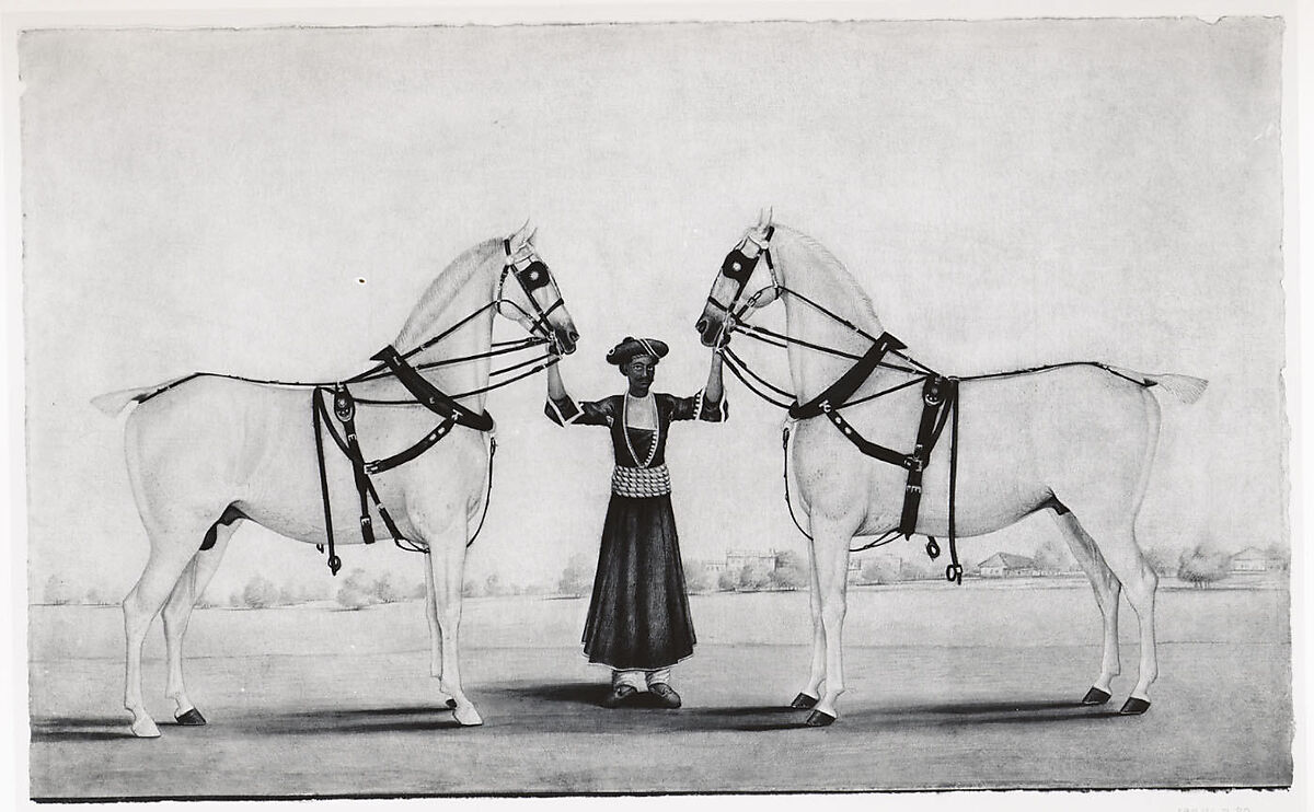 A Syce (Groom) Holding Two Carriage Horses, attributed to Shaikh Muhammad Amir of Karraya (active 1830s–40s), Opaque watercolor on paper
