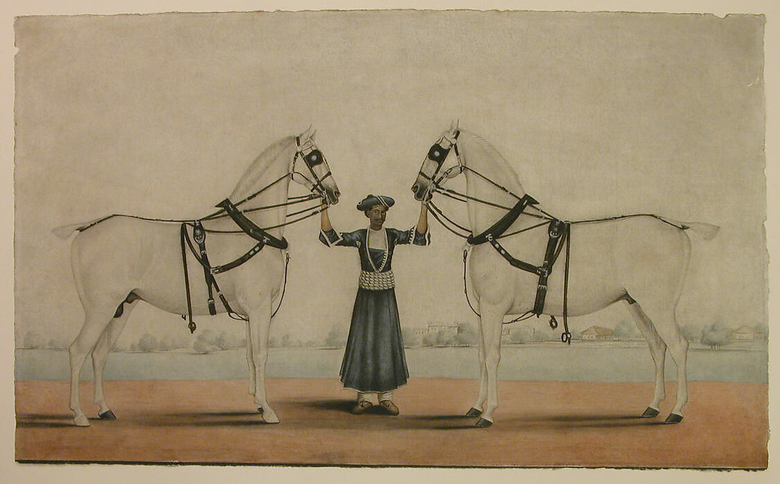 A Syce (Groom) Holding Two Carriage Horses, attributed to Shaikh Muhammad Amir of Karraya (active 1830s–40s), Opaque watercolor on paper