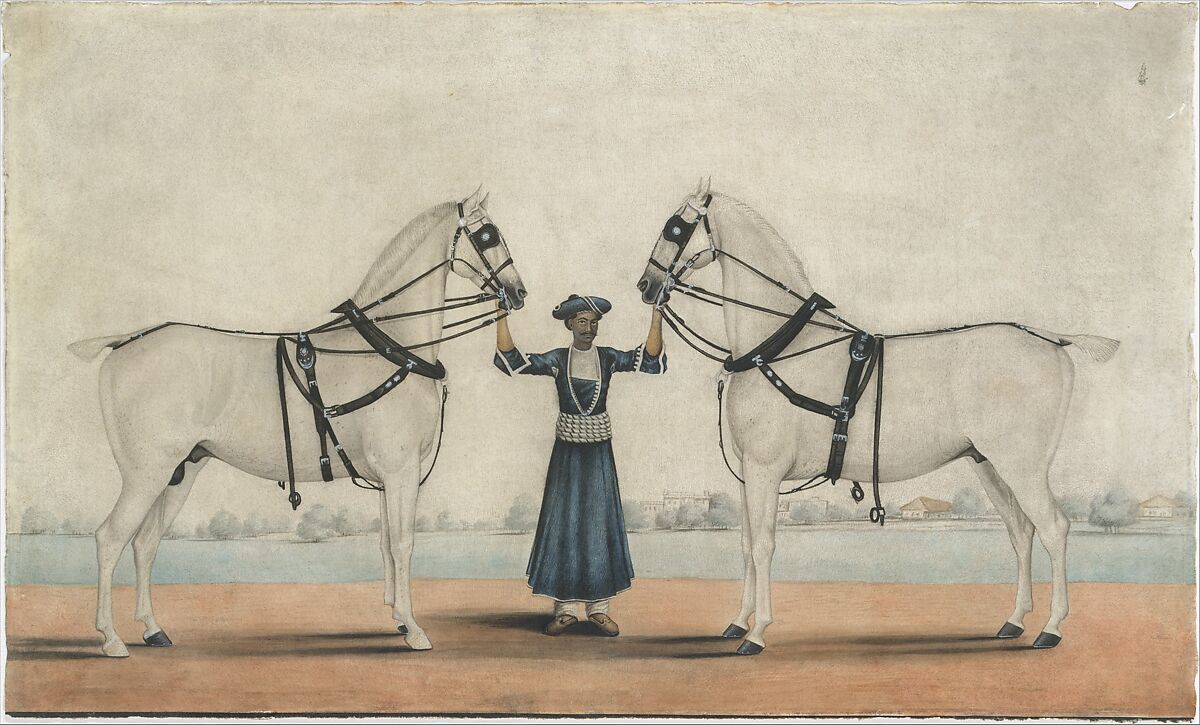 A Syce (Groom) Holding Two Carriage Horses, attributed to Shaikh Muhammad Amir of Karraya (active 1830s–40s), Opaque watercolor on paper