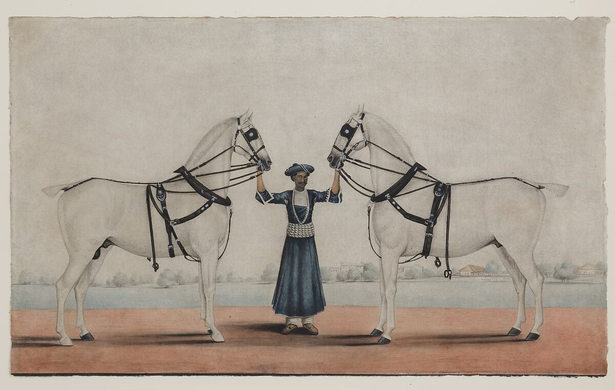 A Syce (Groom) Holding Two Carriage Horses, attributed to Shaikh Muhammad Amir of Karraya (active 1830s–40s), Opaque watercolor on paper 