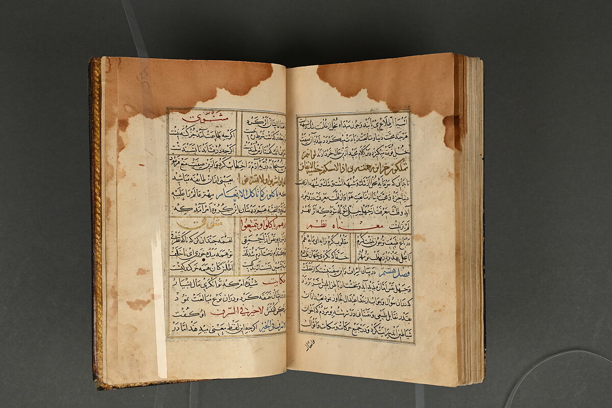 Illustrated Manuscript, Ink, opaque watercolor, and gold on paper; leather binding