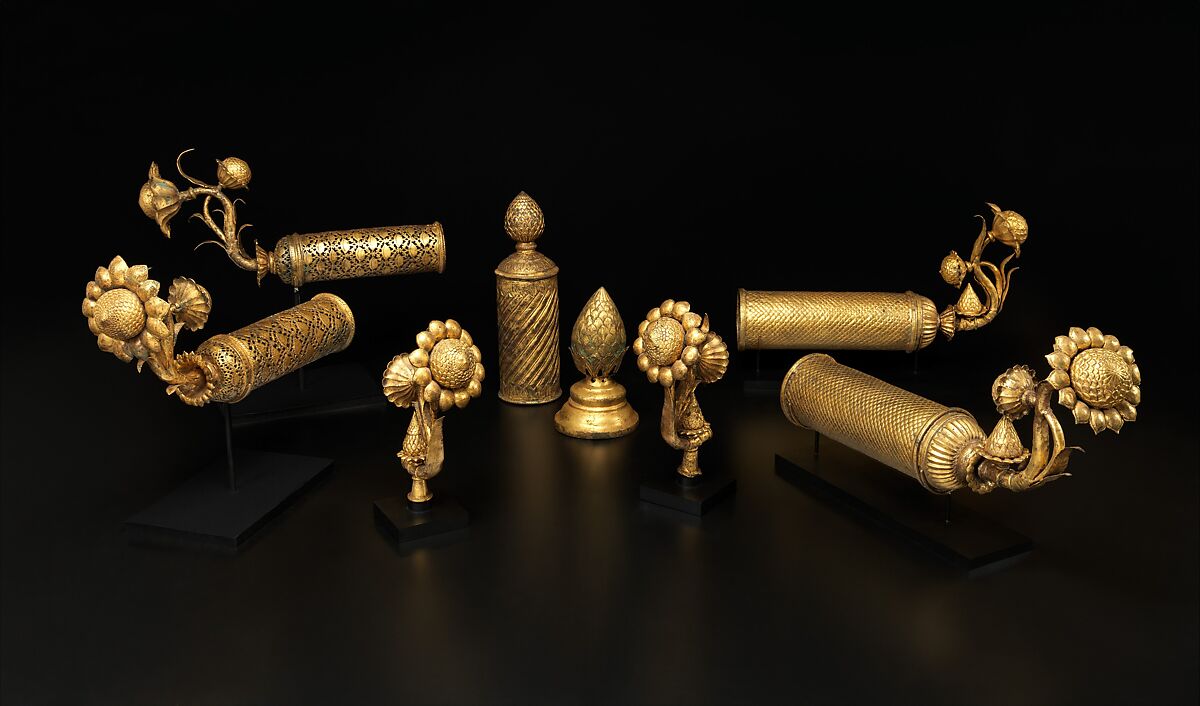 Palanquin Finials with Lotuses, Copper; cast, pierced, chased, and gilded