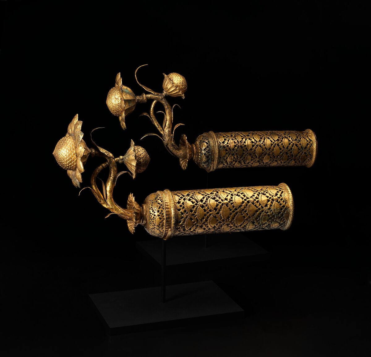 Palanquin Finials with Lotuses, Copper; cast, pierced, chased, and gilded 