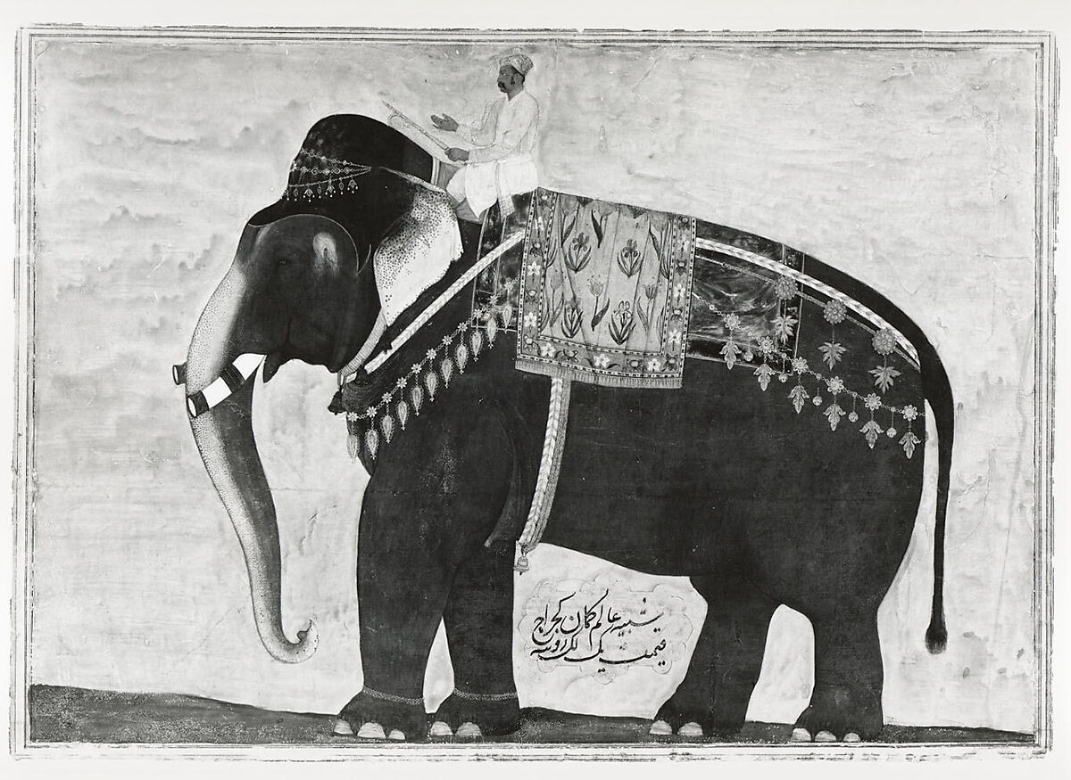 Portrait of the Elephant  'Alam Guman, Painting attributed to Bichitr (Indian, active ca. 1610–60), Opaque watercolor and gold on paper