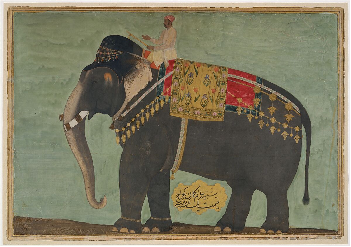 Portrait of the Elephant  'Alam Guman, Painting attributed to Bichitr (Indian, active ca. 1610–60), Opaque watercolor and gold on paper
