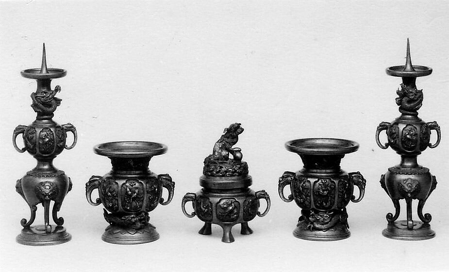Three Votive Implements: Incense Burner, Candlestick, and Vase, Bronze, Japan 