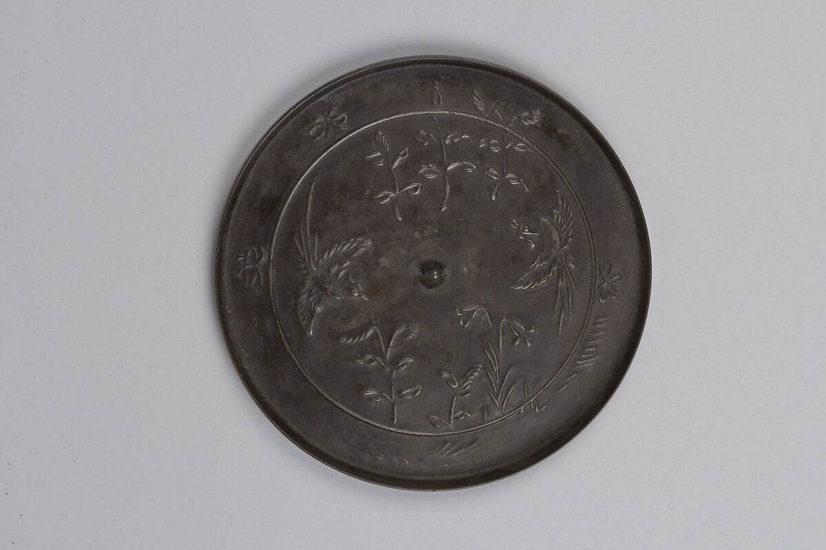 Haguro-kyō Mirror with Relief Design of Birds and Grasses, Bronze, Japan 