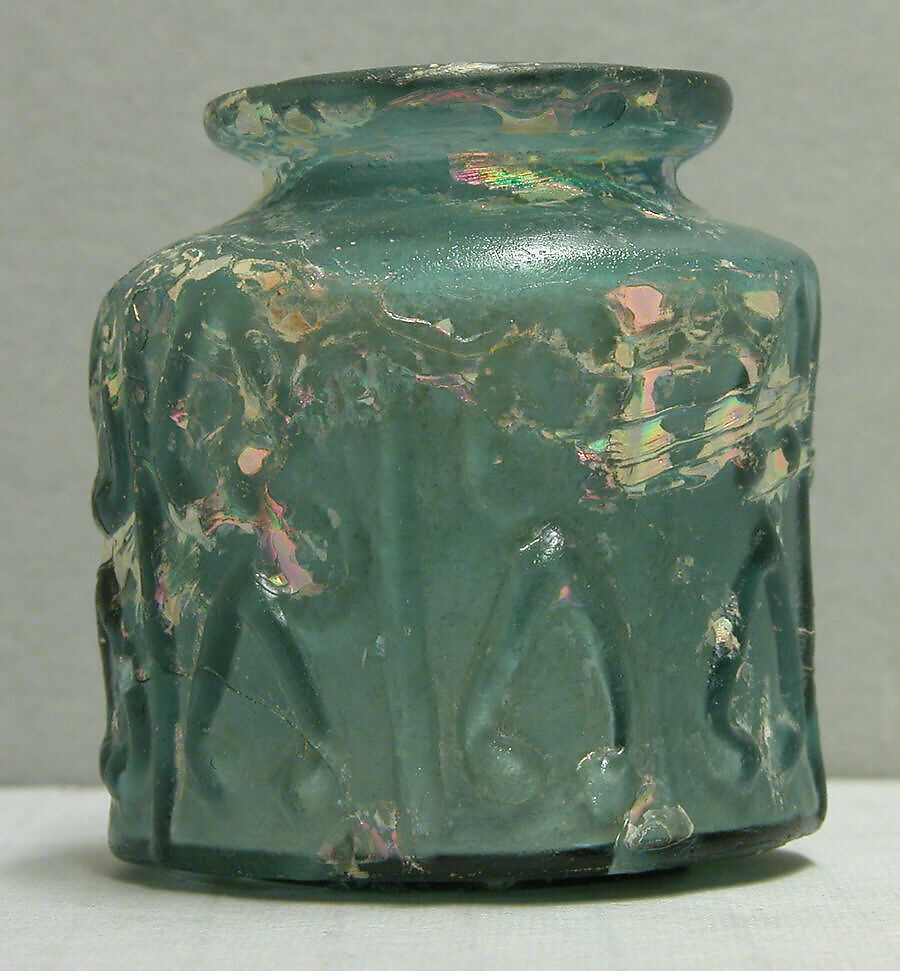 Small Jar, Glass, greenish-blue; mold blown