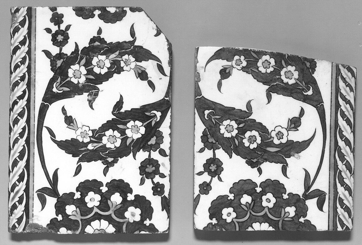 Border Tiles with 'Saz' Leaf Design, Stonepaste; polychrome painted under transparent glaze