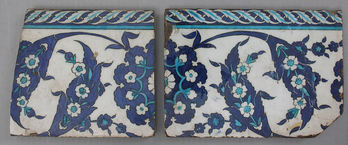 Border Tiles with 'Saz' Leaf Design, Stonepaste; polychrome painted under transparent glaze 