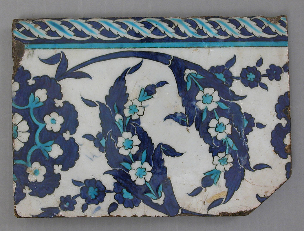 Border Tiles with 'Saz' Leaf Design, Stonepaste; polychrome painted under transparent glaze
