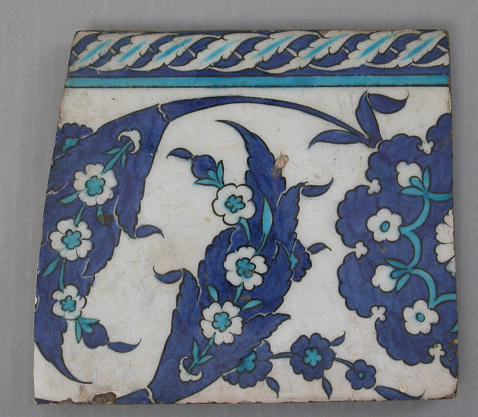 Border Tiles with 'Saz' Leaf Design, Stonepaste; polychrome painted under transparent glaze