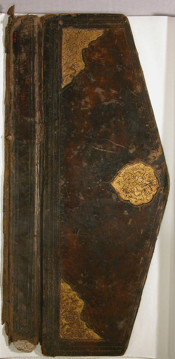 Flap of Bookbinding, Dark brown, black, and red leather; stamped and gilded