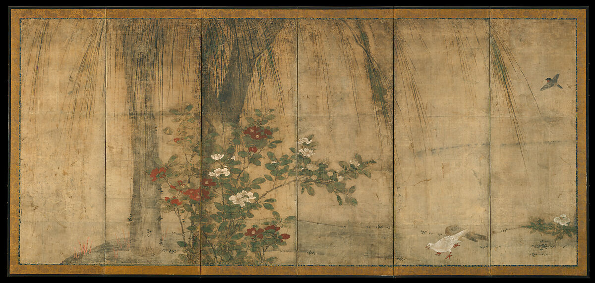 Hawks with Pine Trees and Camellias; Small Birds with Willows and Camellias, Attributed to Mitani Tōshuku (Japanese, 1577–1654), Pair of six-panel folding screens; ink and color on paper, Japan