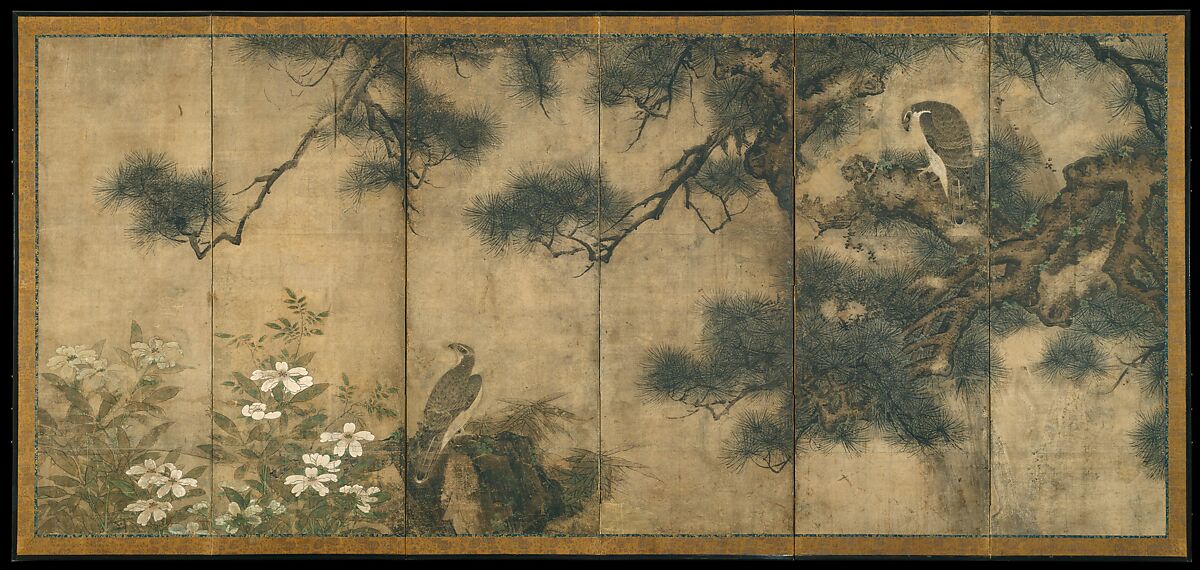 Hawks with Pine Trees and Camellias; Small Birds with Willows and Camellias, Attributed to Mitani Tōshuku (Japanese, 1577–1654), Pair of six-panel folding screens; ink and color on paper, Japan 