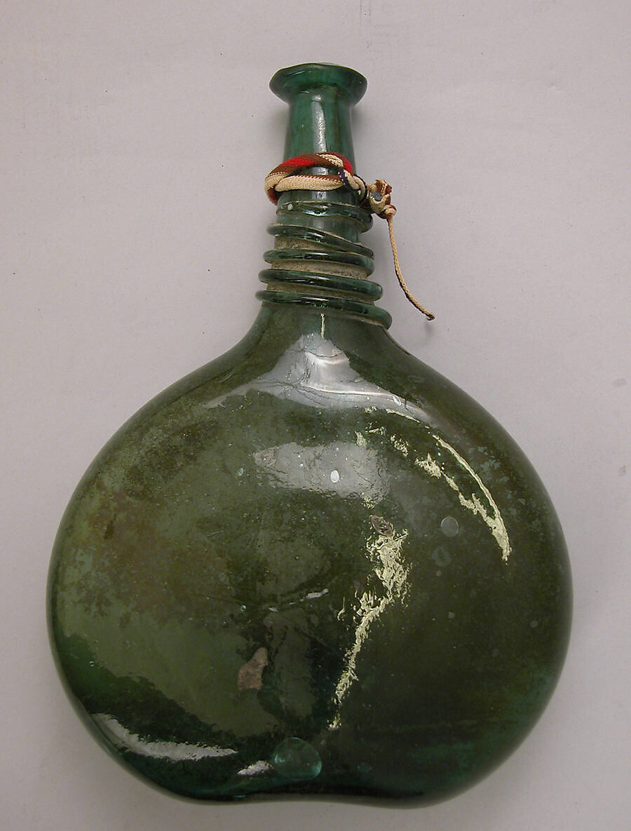Bottle, Glass; free blown and applied, tooled on the pontil