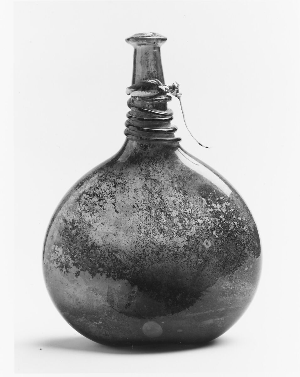 Bottle, Glass; free blown and applied, tooled on the pontil