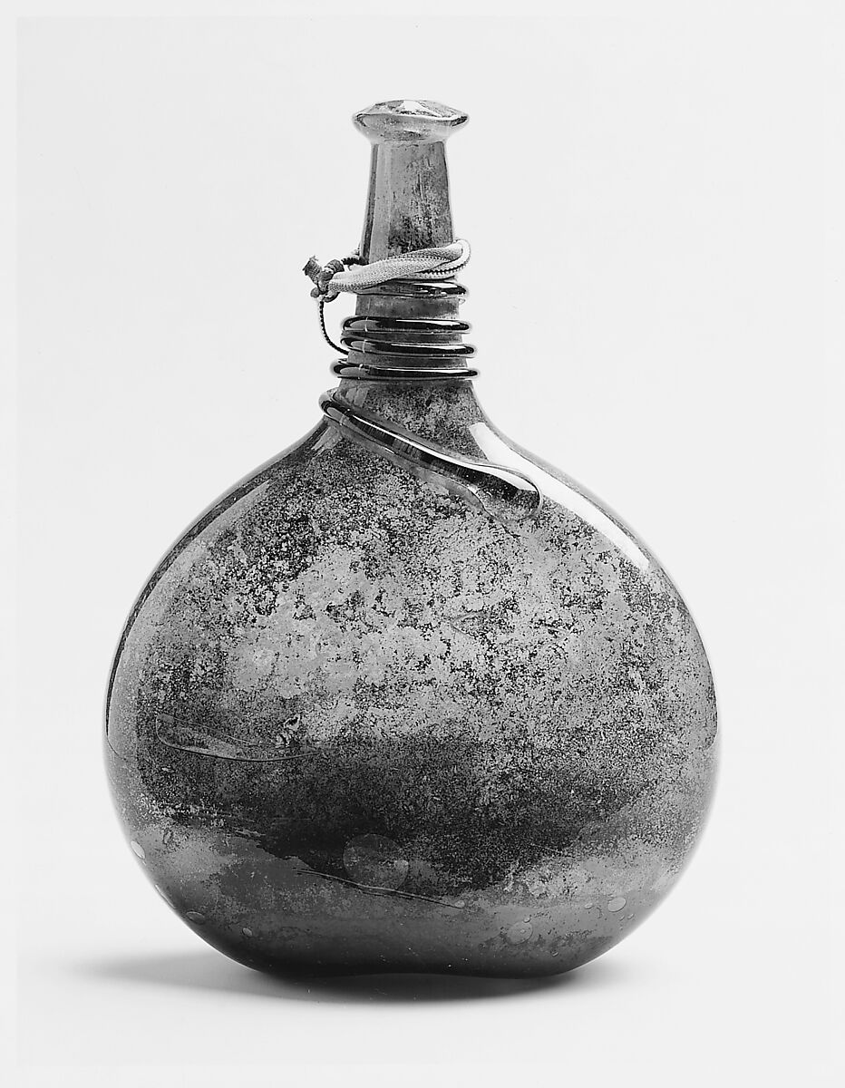 Bottle, Glass; free blown and applied, tooled on the pontil