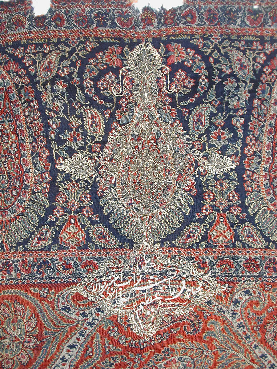 Woven Wall Hanging, Wool, metal wrapped thread; double interlocking twill; tapestry weave, embroidered