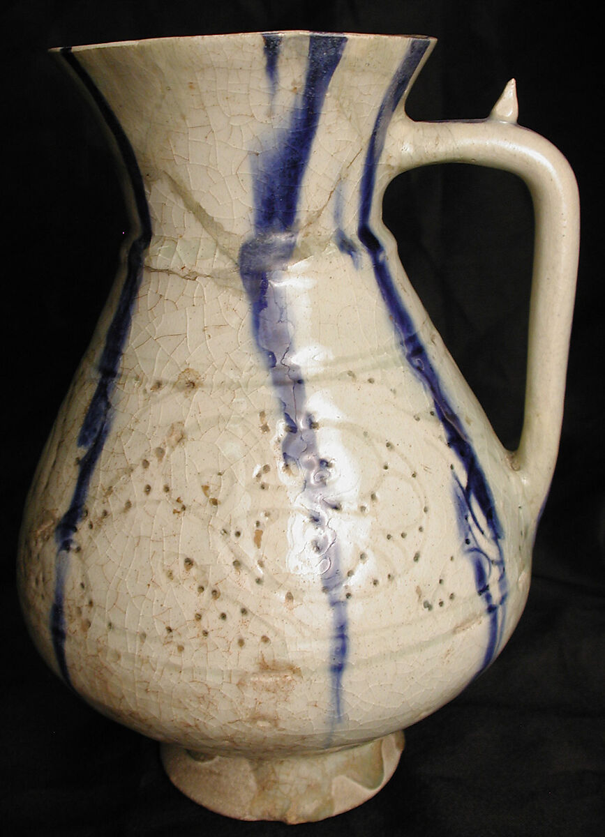 White Ewer with Blue Streaks, Stonepaste; molded, carved and pierced, painted under transparent glaze