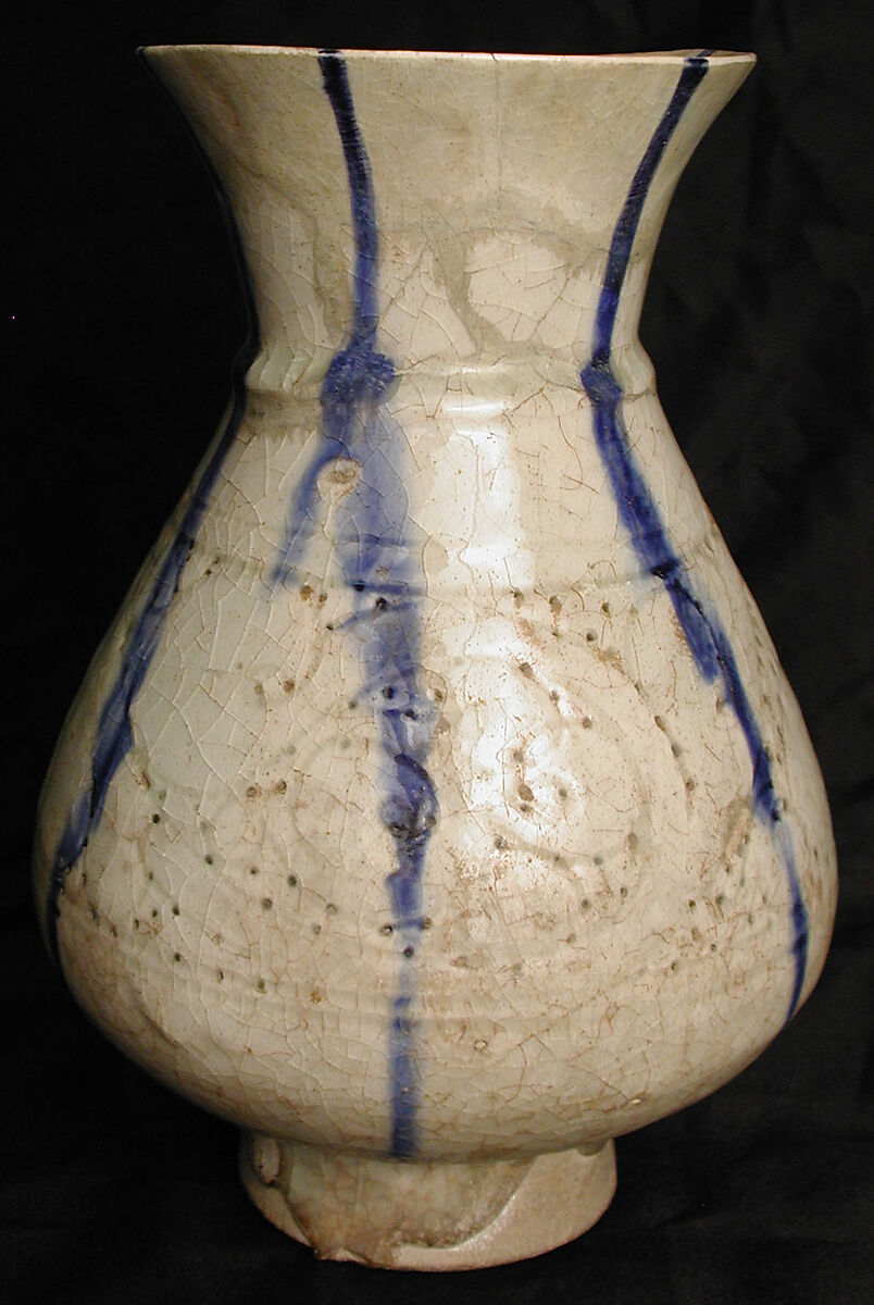 White Ewer with Blue Streaks, Stonepaste; molded, carved and pierced, painted under transparent glaze