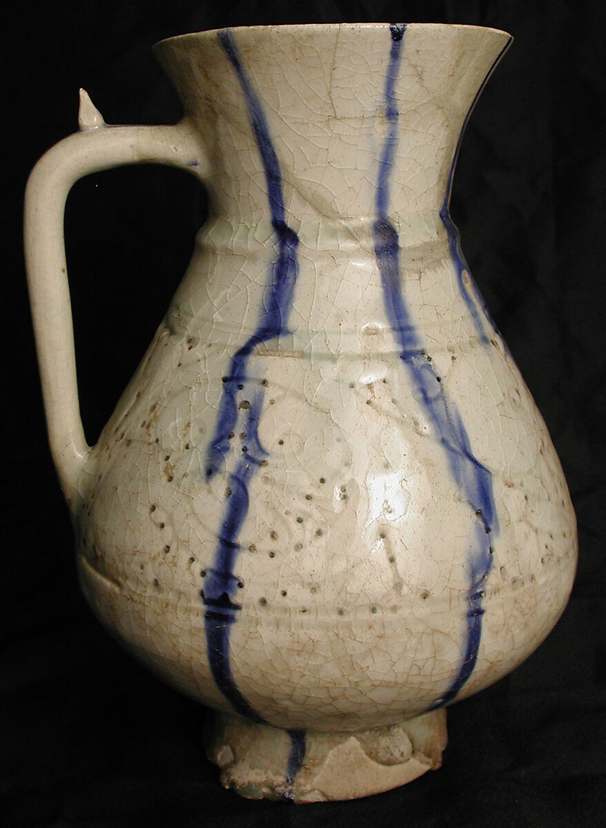 White Ewer with Blue Streaks, Stonepaste; molded, carved and pierced, painted under transparent glaze
