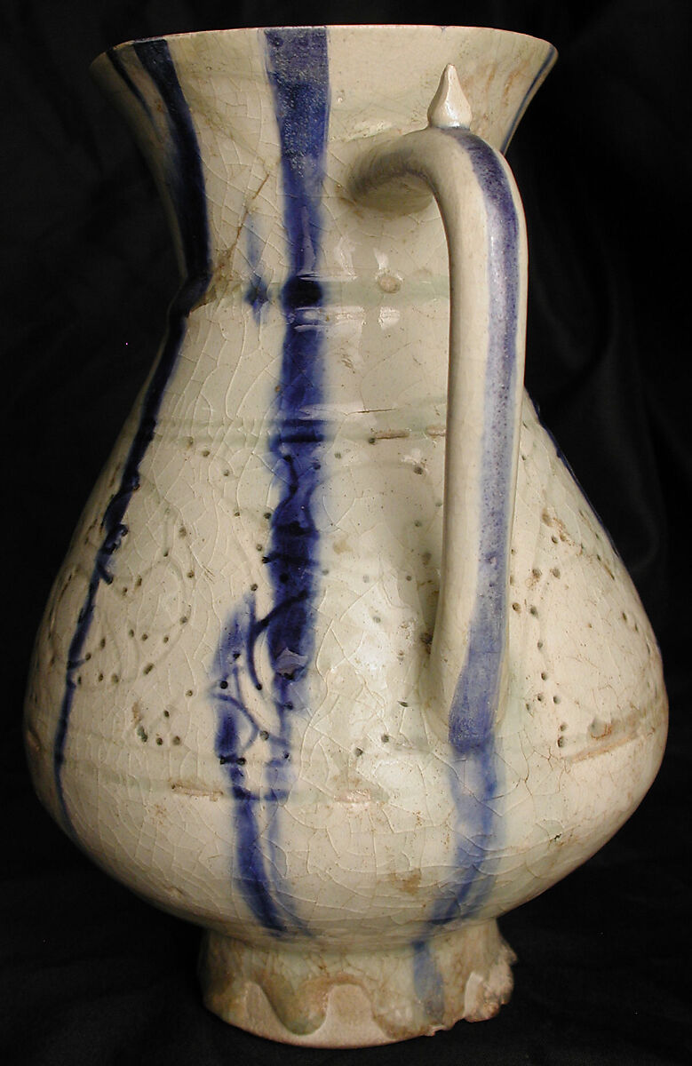 White Ewer with Blue Streaks, Stonepaste; molded, carved and pierced, painted under transparent glaze
