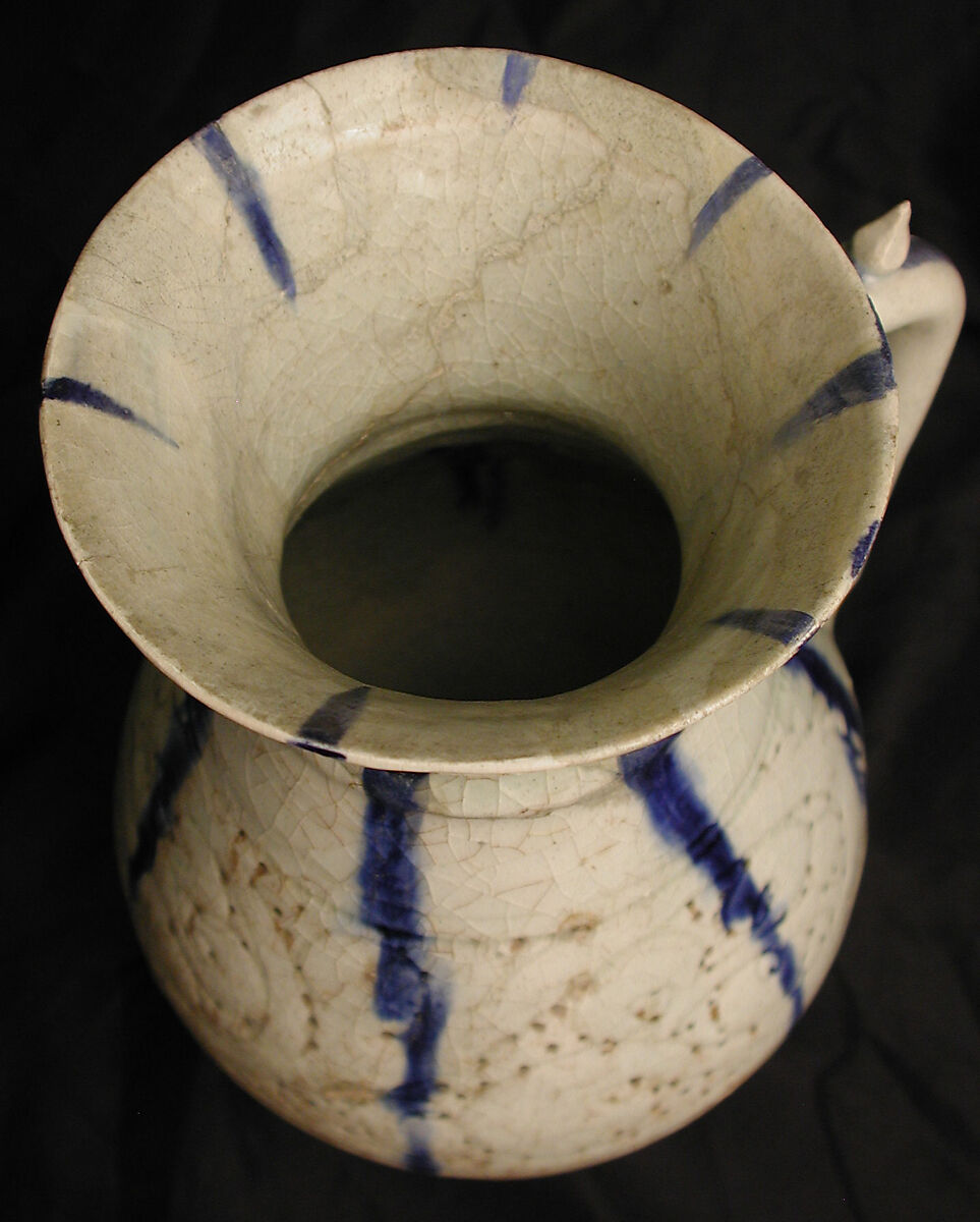 White Ewer with Blue Streaks, Stonepaste; molded, carved and pierced, painted under transparent glaze