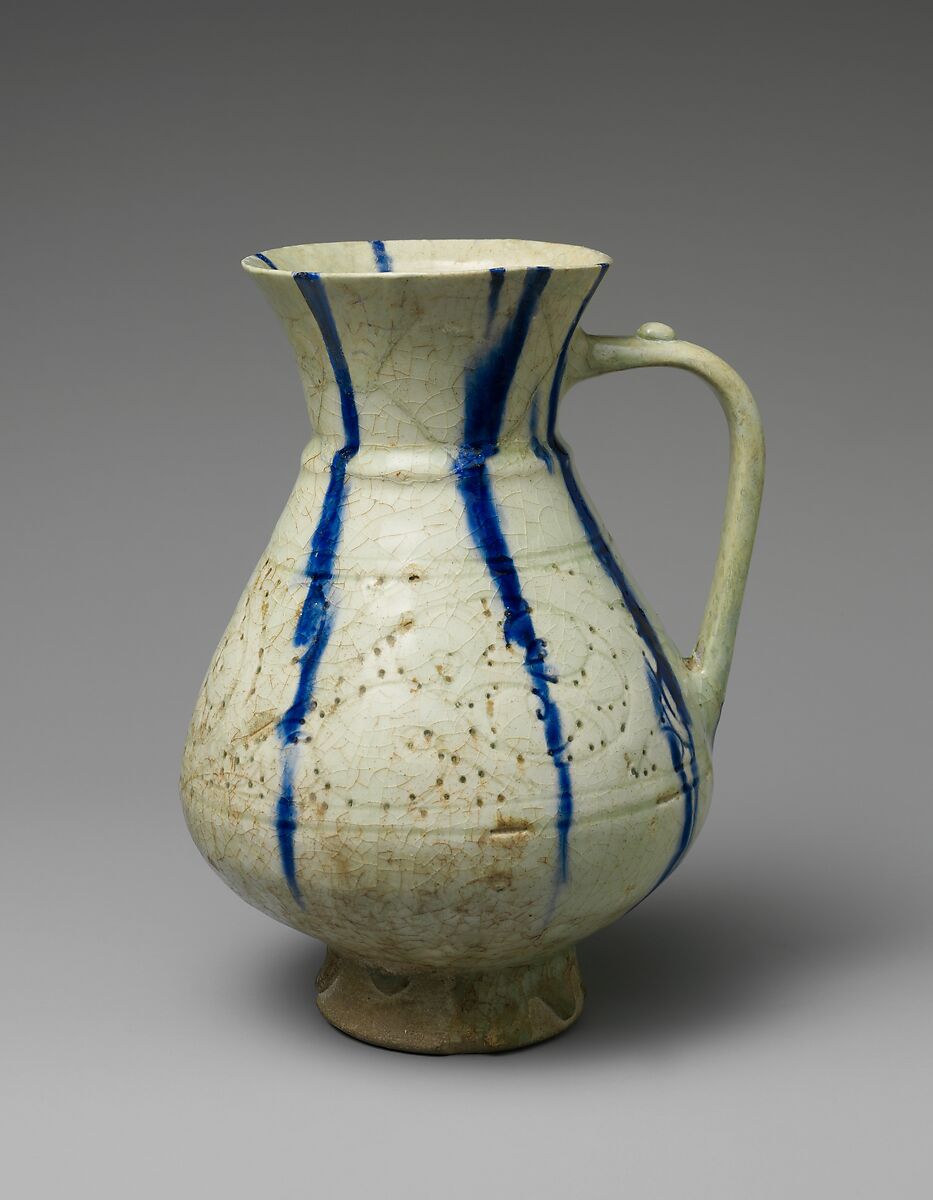 White Ewer with Blue Streaks, Stonepaste; molded, carved and pierced, painted under transparent glaze 