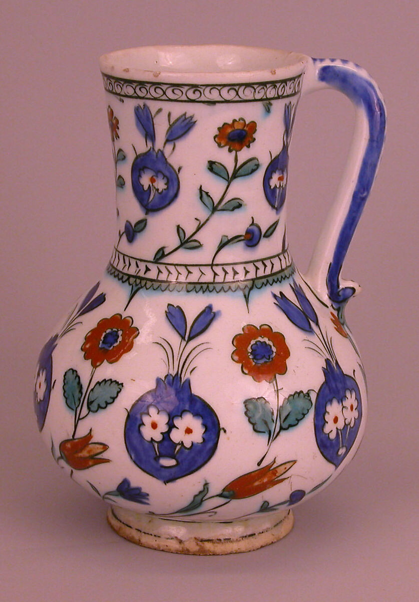 Ewer with Floral Design, Stonepaste; polychrome painted under transparent glaze 